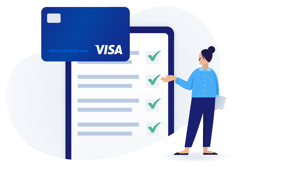 An image showing a Visa card, a mobile phone, and a woman. The phone shows a list of items with check marks to the right of each item. 
