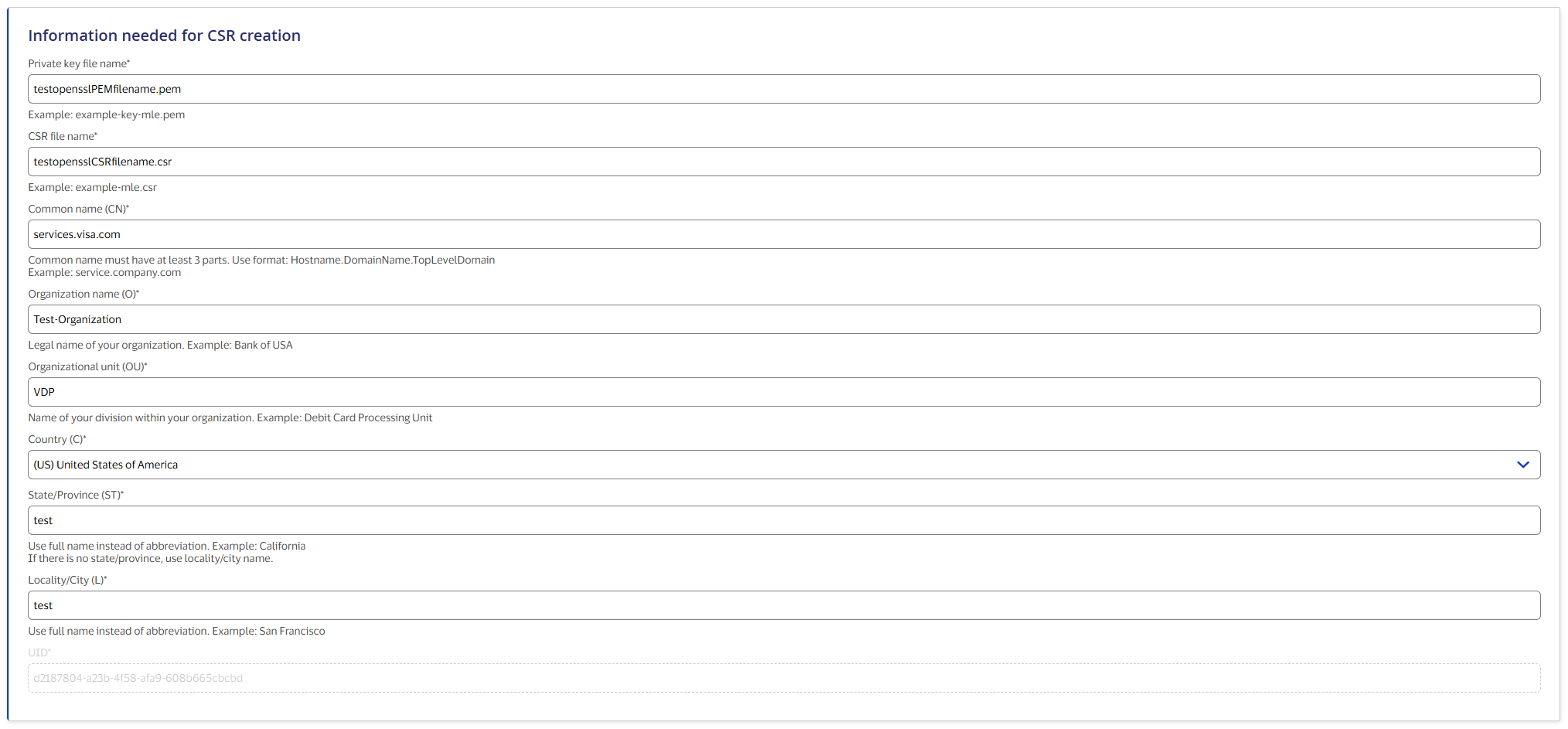 Screenshot of portal screen titled "information needed for CSR creation" for OpenSSL