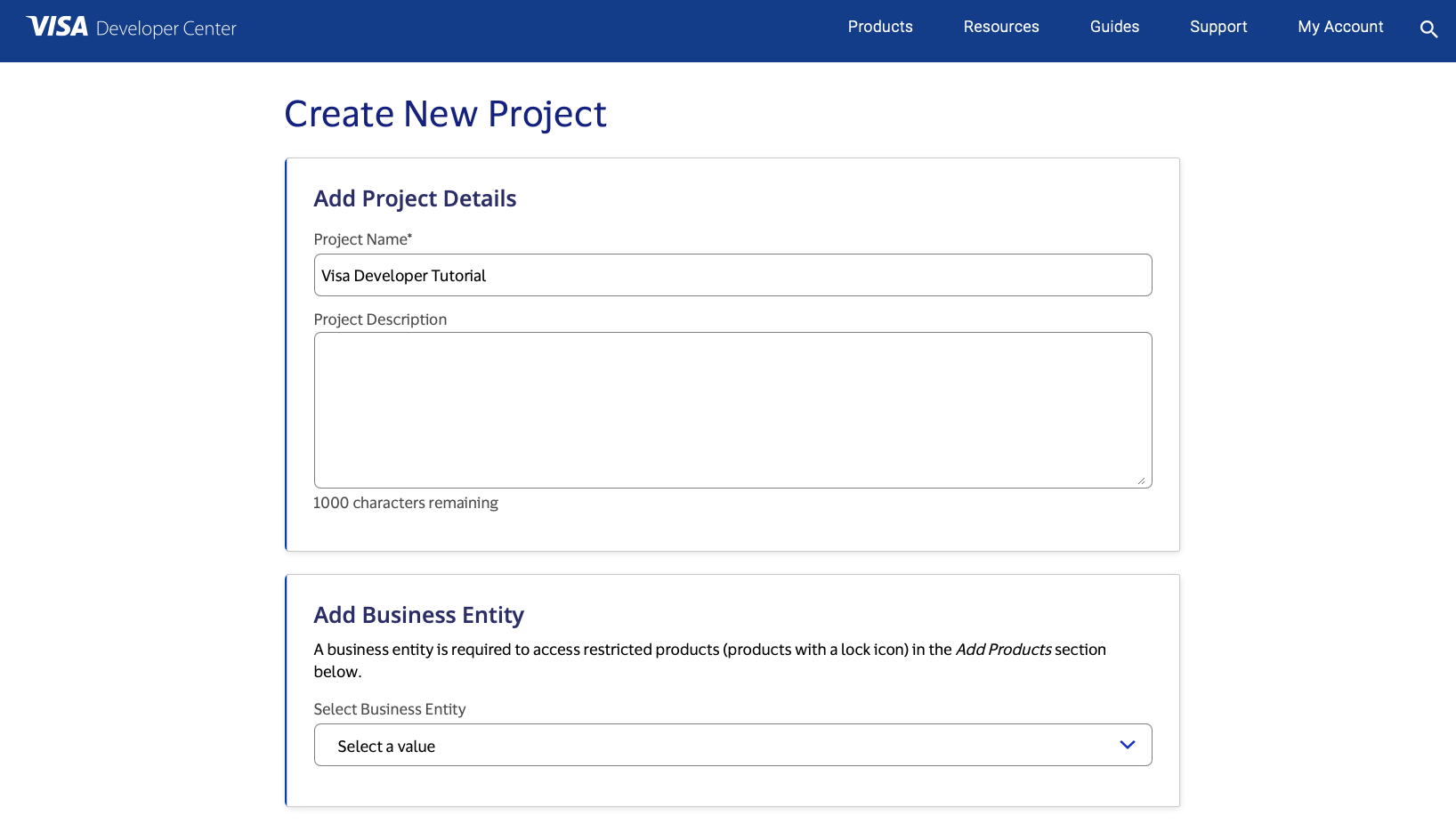 Add New Project details screen