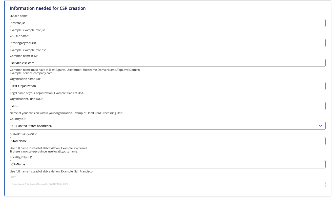 Screenshot of portal screen titled "information needed for CSR creation" for Keytool