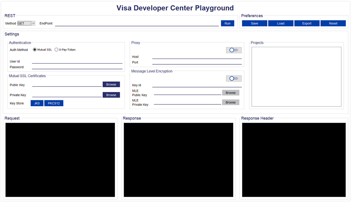 Screenshot of Visa Developer Center Playground User Interface