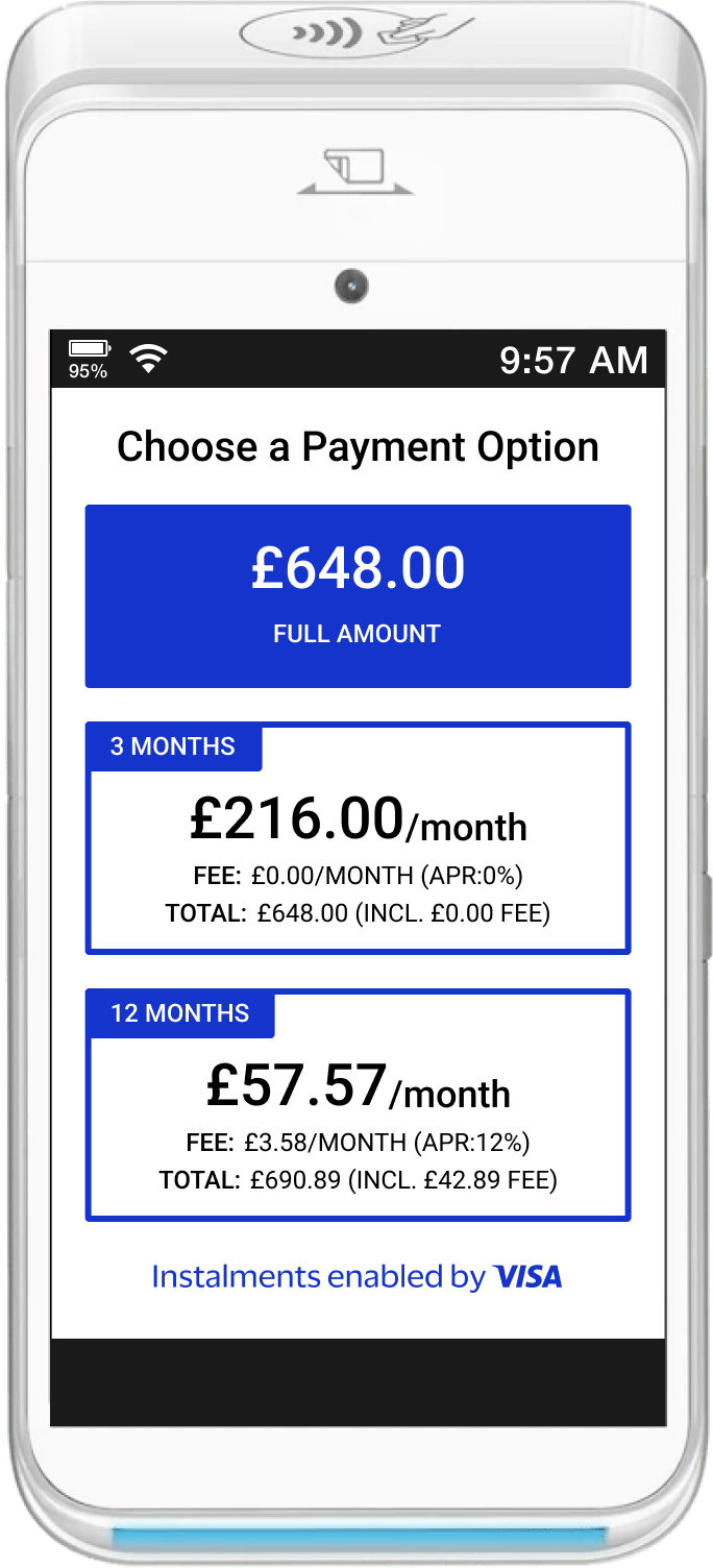 United Kingdom portrait style payment terminal, select a plan