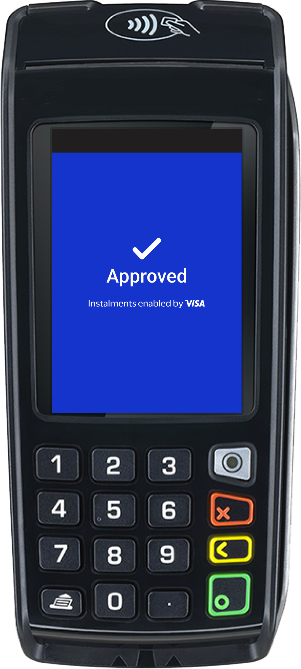 United Kingdom portrait 2 style payment terminal, transaction approved 