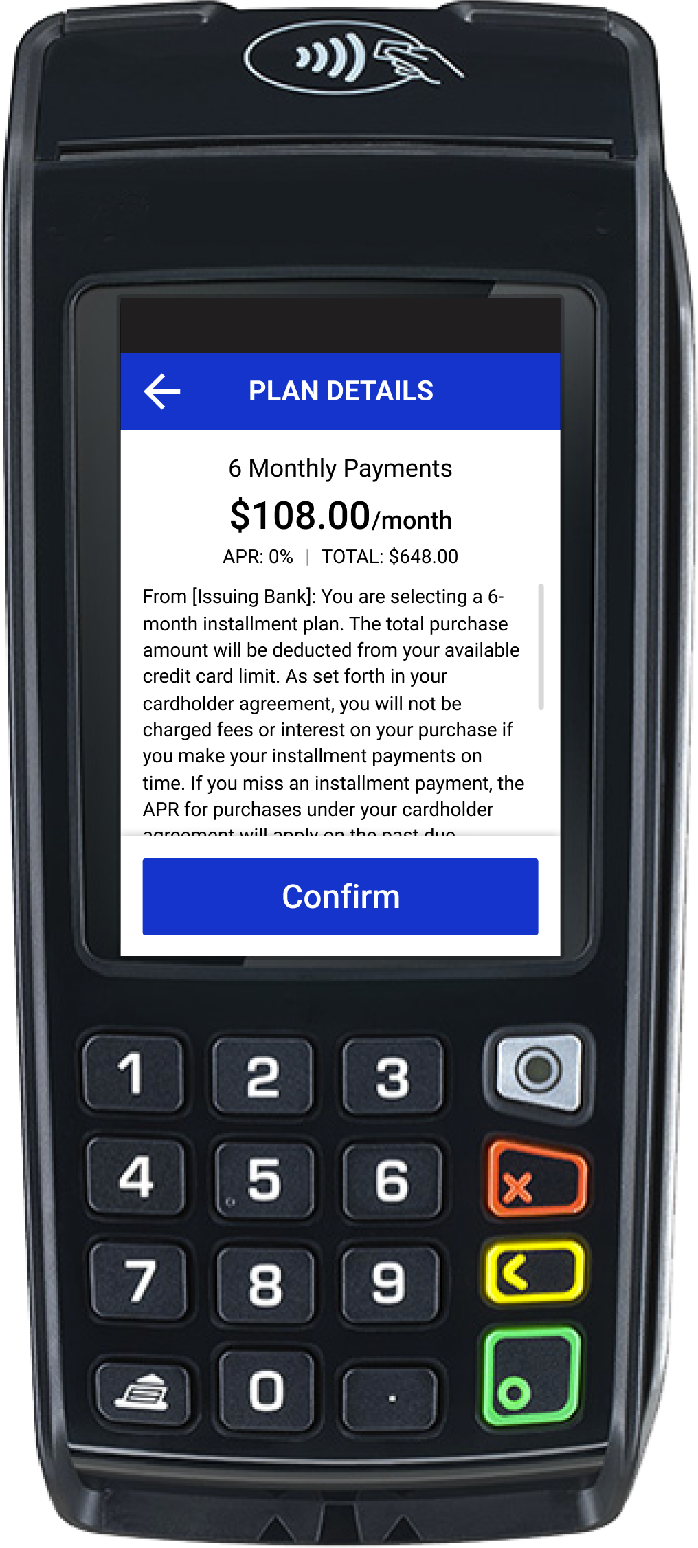 United States portrait 2 style payment terminal, review terms and conditions