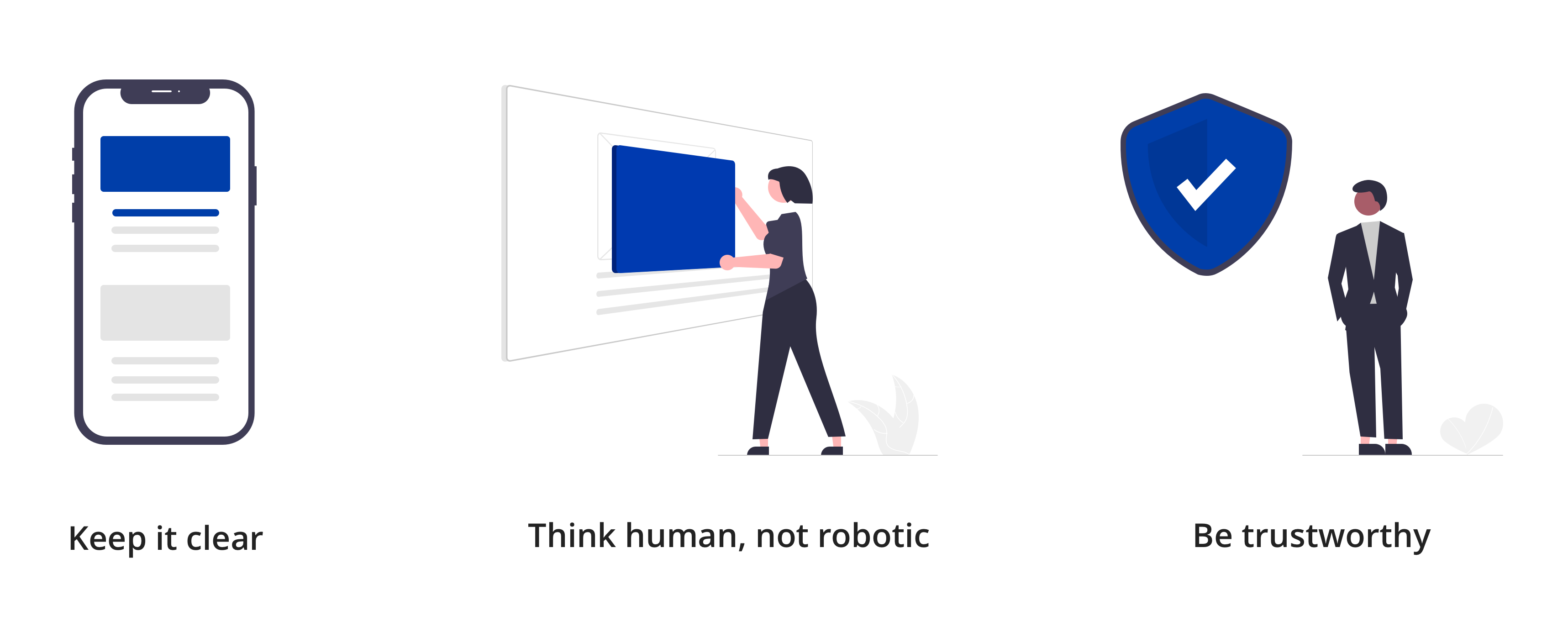 3 UX principles: Keep it clear; Think human, not robotic; Be trustworthy