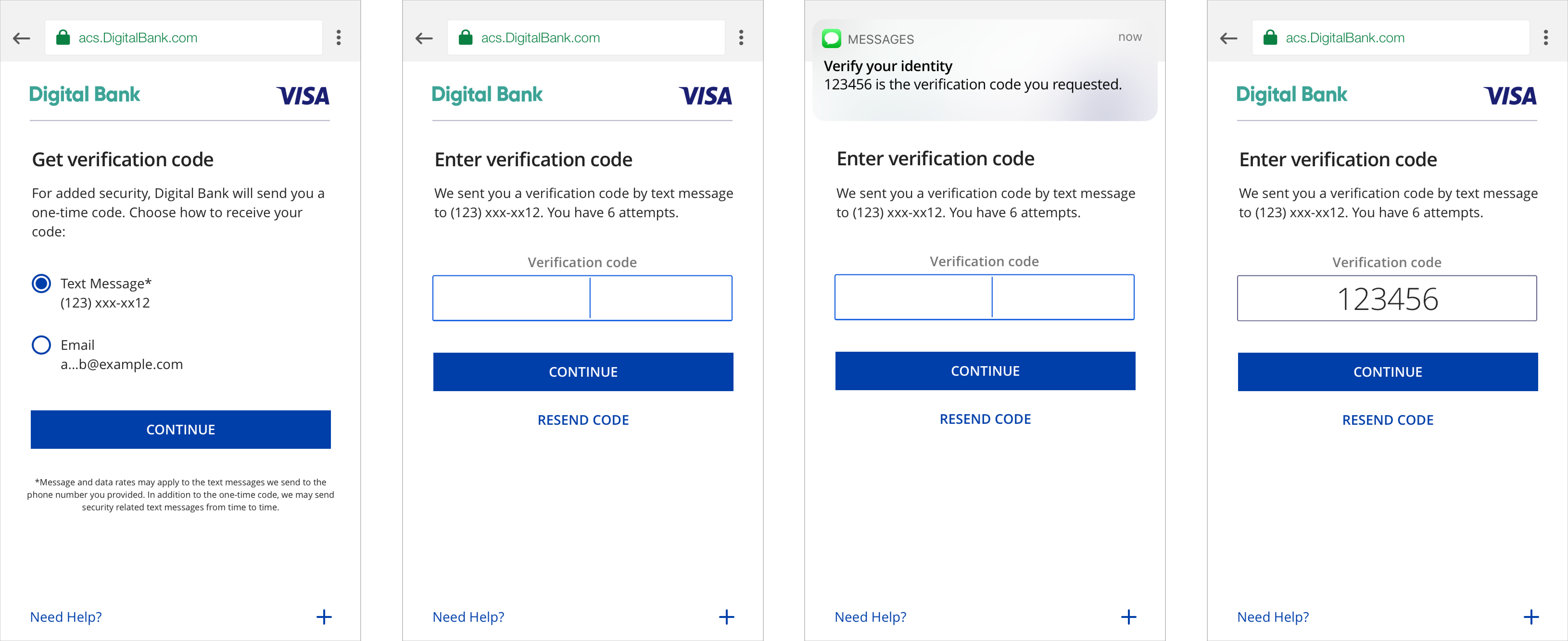 Receive and enter verification code flow for One-Time Passcode - mobile browser view