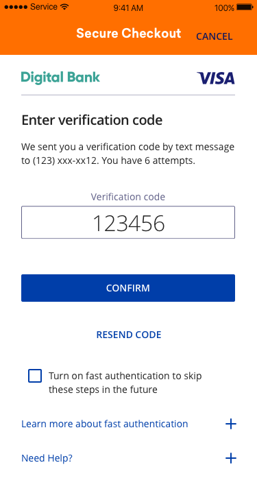 Enter verification code screen, filled state
