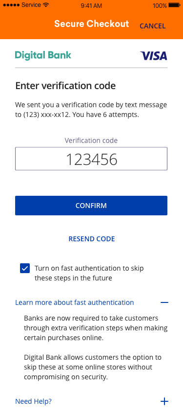 Enter verification code screen, Learn more about fast authentication is expanded