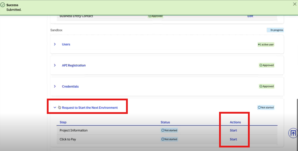 Screenshot of requesting to start the next environment page