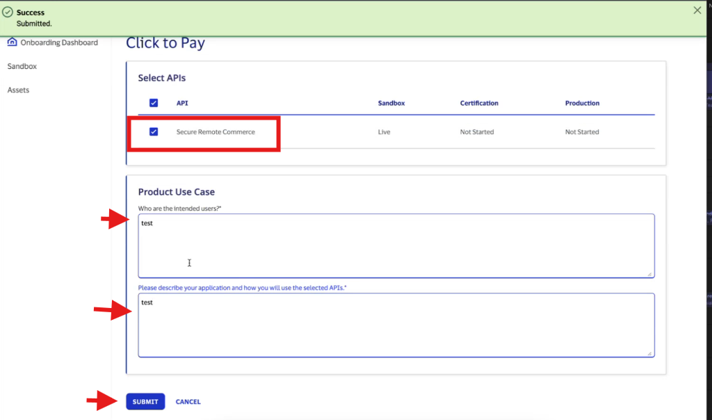 Screenshot of secure remote commerce API selection page