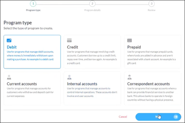 Program type selection screen with Debit option