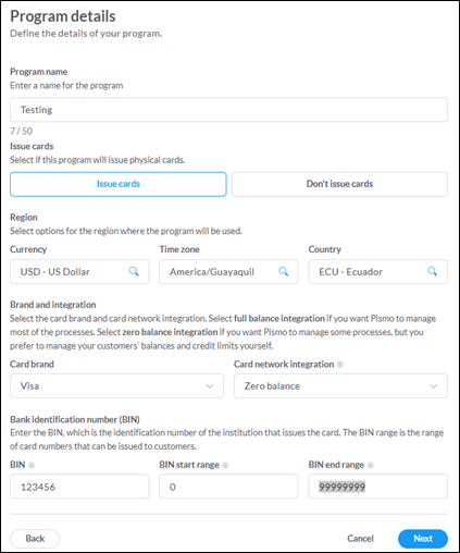 Program registration form with currency, timezone, country and BIN fields