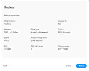Program review screen with finish button
