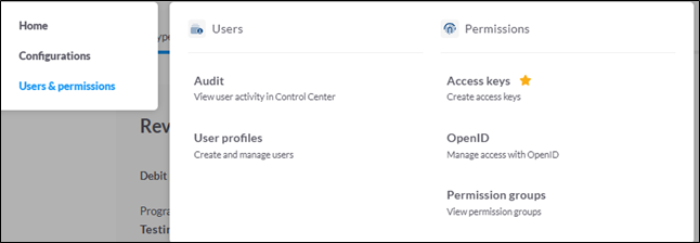 An image showing the Users & Permissions option within the Pismo Control Center. 
