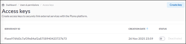 Image showing the Pismo Control Center and the Create Key option. 