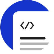 A white document wireframe and code brackets within a blue circle representing comprehensive developer documentation.