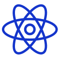 A blue atom-like symbol representing the React Javascript library. 