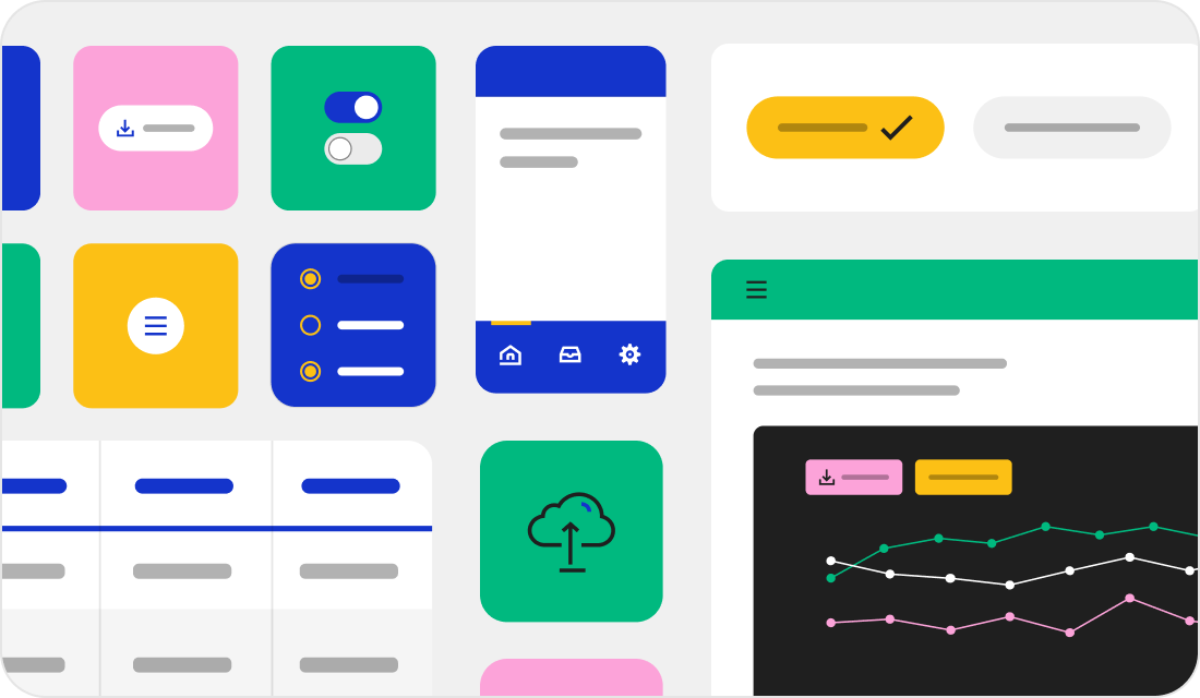 Colorful grid of UI components from the Visa Product Design System, featuring buttons, toggles, icons, and charts.